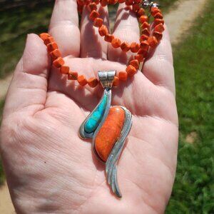 Jay King DTR mine finds coral necklace Turquoise inlay pendant 925 Sterling Silv